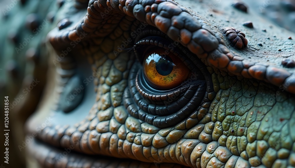 Fototapeta premium A close-up view of a predator dinosaur's eye, showcasing intense detail with sharp scales and a piercing gaze, capturing the creature's primal and fierce nature