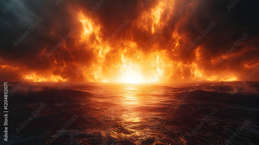 Fiery Sunset Over the Ocean Illustration Fiery Sunset Over the Ocean Illustration