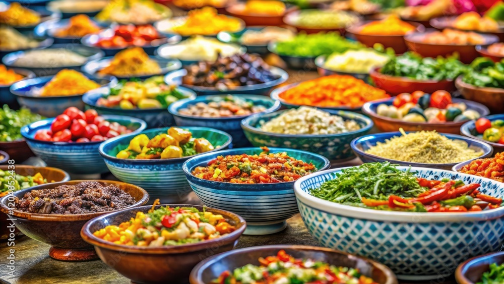Fototapeta premium Vibrant Vietnamese street food bowls: a delicious, colorful explosion of Asian cuisine.