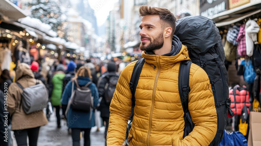 man in yellow jacket explores busy market with backpack man in yellow jacket explores busy market with backpack