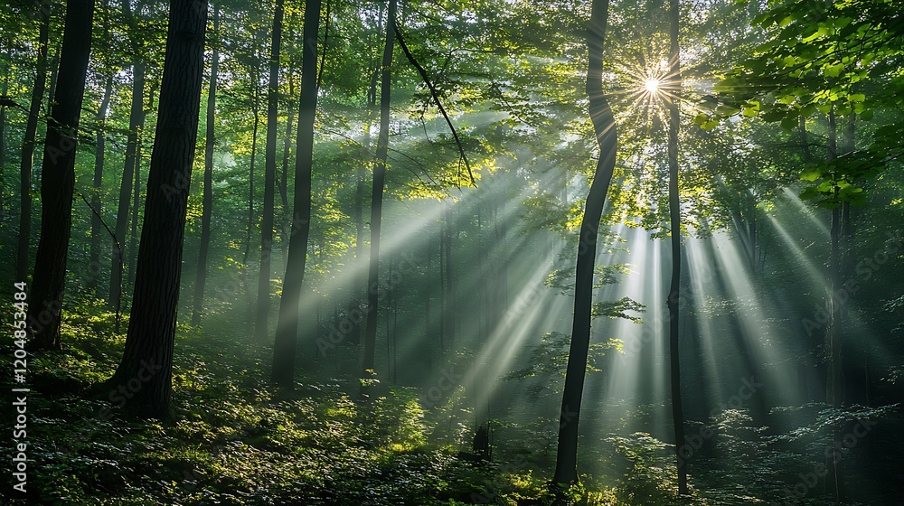 Obraz premium Sunbeams Filtering Through a Dense Forest