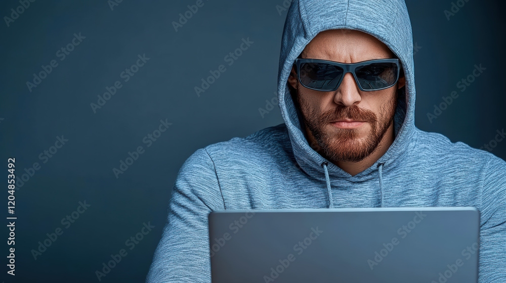 man in hoodie and sunglasses focused on laptop screen man in hoodie and sunglasses focused on laptop screen