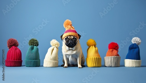 Various seasonal hats worn by a pug in a playful scene.