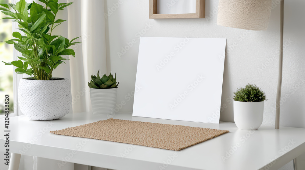 clean, modern workspace featuring blank canvas, plants, and natural decor clean, modern workspace featuring blank canvas, plants, and natural decor