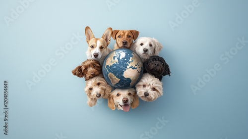 Happy dogs surrounding globe, symbolizing global unity and joy, World spay day concept