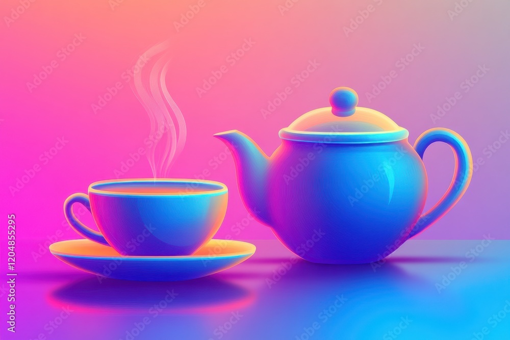 Glowing Vector Illustration of a Teacup and Teapot on a Gradient Background, Suitable for Cozy and Elegant Themes in Design Projects Glowing Vector Illustration of a Teacup and Teapot on a Gradient Background, Suitable for Cozy and Elegant Themes in Design Projects