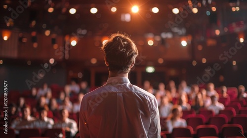 Dynamic Male Speaker Inspiring Audience with Powerful Presentation on Stage photo