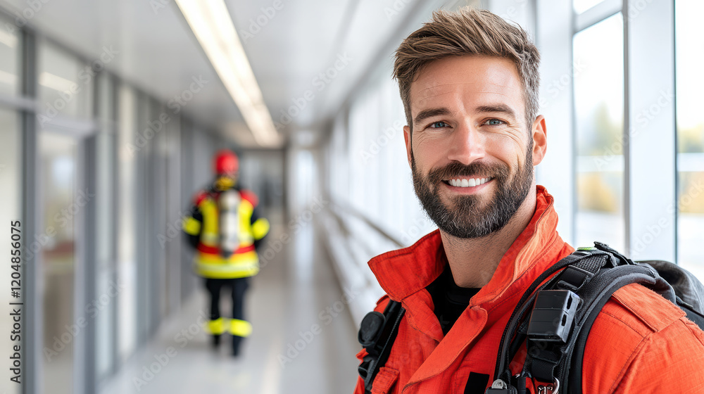 firefighter smiling in corridor, showcasing teamwork and readiness firefighter smiling in corridor, showcasing teamwork and readiness