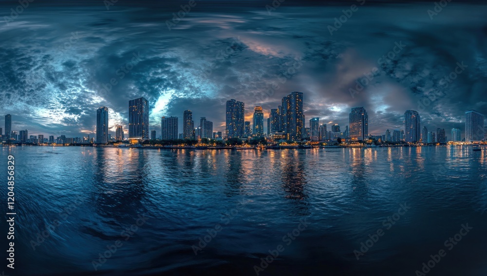 Fototapeta premium Night Cityscape Panorama: Serene River Reflection of Illuminated Buildings Under Dramatic Clouds