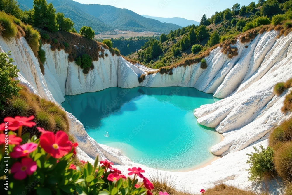 Obraz premium Lush greenery and colorful flowers surrounding a natural pool within the travertine terrain in Pamukkale, limestone, turquoise water,