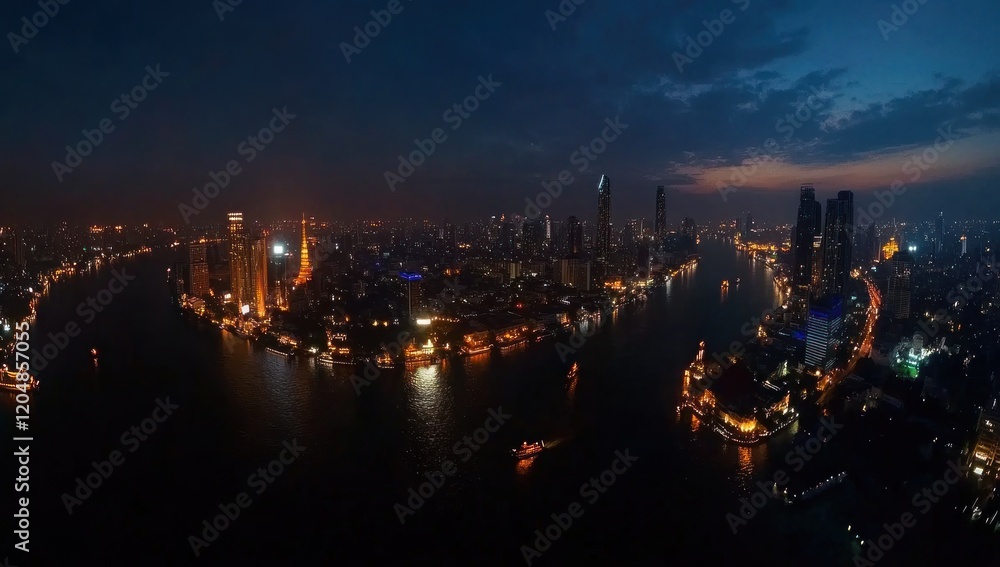 Night Lights of Bangkok's Chao Phraya River: An Aerial Panorama Night Lights of Bangkok's Chao Phraya River: An Aerial Panorama