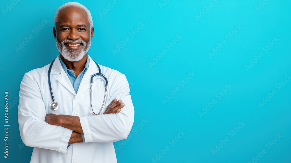 Confident doctor smiling with arms crossed against blue background Confident doctor smiling with arms crossed against blue background