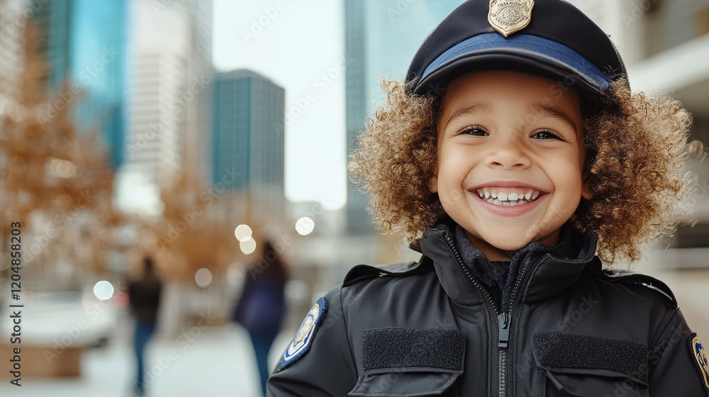 smiling child dressed as police officer in urban setting smiling child dressed as police officer in urban setting