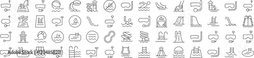 Pack of Water Park, Aquapark, Swimming Pool, Diving Related Line Icons. Outline Signs for Graphic and Web Design, Apps, Adverts, Various Cards