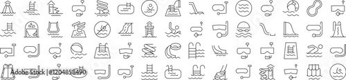 Water Park, Aquapark, Swimming Pool, Diving Line Icon Set. Outline Signs for Graphic and Web Design, Apps, Adverts, Various Cards