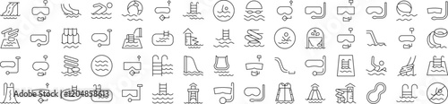 Bundle of Water Park, Aquapark, Swimming Pool, Diving Related Line Icons. Outline Signs for Graphic and Web Design, Apps, Adverts, Various Cards