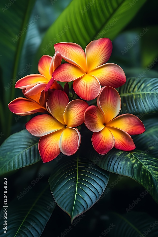 Obraz premium Tropical Plumeria Blooms: A Vivid, Lush Floral Study