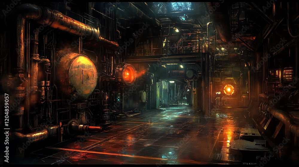 Naklejka premium A dimly lit industrial corridor with rusty pipes and glowing lights