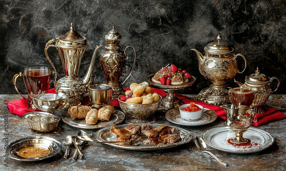 Antique tea set, pastries, desserts on table. Elegant tea time Antique tea set, pastries, desserts on table. Elegant tea time
