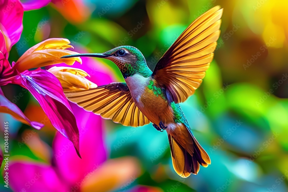 Fototapeta premium A dynamic portrayal of a hummingbird against colorful flora.
