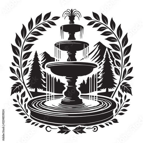 The Fountain of Youth Silhouette Vector Illustration, Solid White Background.