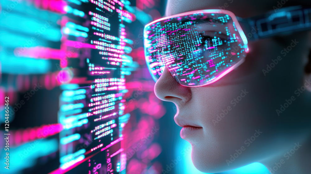 futuristic workspace featuring person wearing high tech glasses, immersed in digital environment filled with holographic data and vibrant colors futuristic workspace featuring person wearing high tech glasses, immersed in digital environment filled with holographic data and vibrant colors