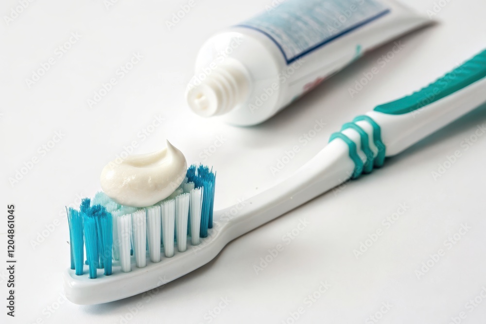 Close-Up of Toothbrush and Toothpaste on White Background for Dental Hygiene Promotion Close-Up of Toothbrush and Toothpaste on White Background for Dental Hygiene Promotion