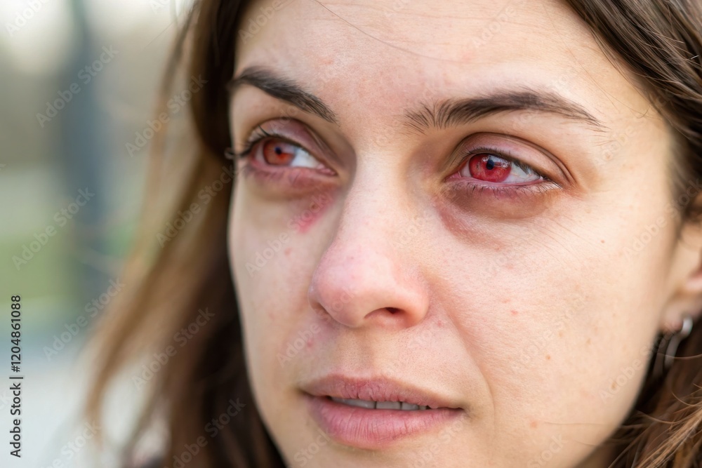 Close-Up of Woman with Striking Red Eyes because of conjunctivitis Surrounded by Nature in Bright Outdoor Setting Close-Up of Woman with Striking Red Eyes because of conjunctivitis Surrounded by Nature in Bright Outdoor Setting