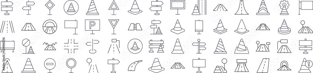 Road, Path, Traffic Cone Line Icon Collection. Outline Signs for Graphic and Web Design, Apps, Adverts, Various Cards Road, Path, Traffic Cone Line Icon Collection. Outline Signs for Graphic and Web Design, Apps, Adverts, Various Cards