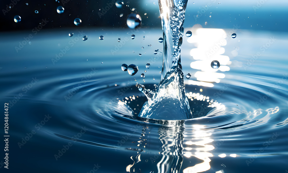 Water droplets impact a blue surface creating splash and concentric ripples. Suitable for water-themed designs, backgrounds, science concepts, and natural elements projects Water droplets impact a blue surface creating splash and concentric ripples. Suitable for water-themed designs, backgrounds, science concepts, and natural elements projects