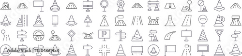 Road, Path, Traffic Cone Line Icon Bundle. Outline Signs for Graphic and Web Design, Apps, Adverts, Various Cards