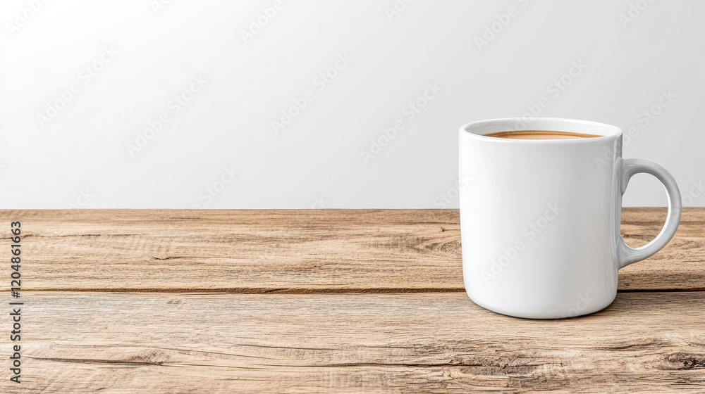 white coffee cup on wooden table, perfect for cozy atmosphere white coffee cup on wooden table, perfect for cozy atmosphere