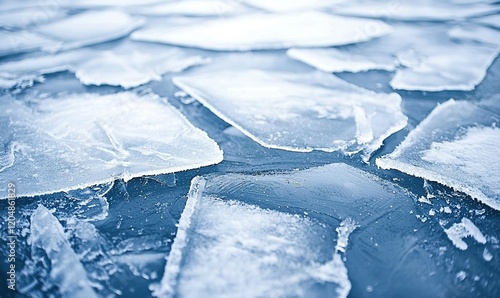Broken ice floes on dark water in winter, close-up, background, texture