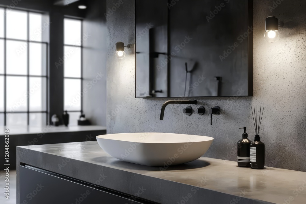 Fototapeta premium Sophisticated bathroom aesthetics with a focus on modern materials.