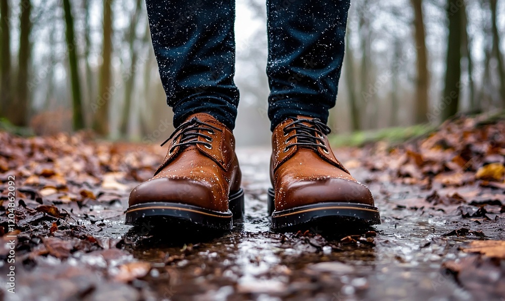 Brown boots on a forest path in winter Brown boots on a forest path in winter