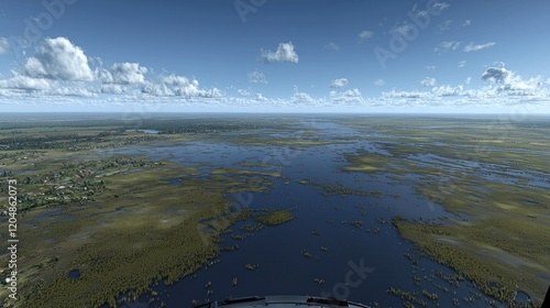Aerial view flooded plains, village, sunny sky, flight simulation