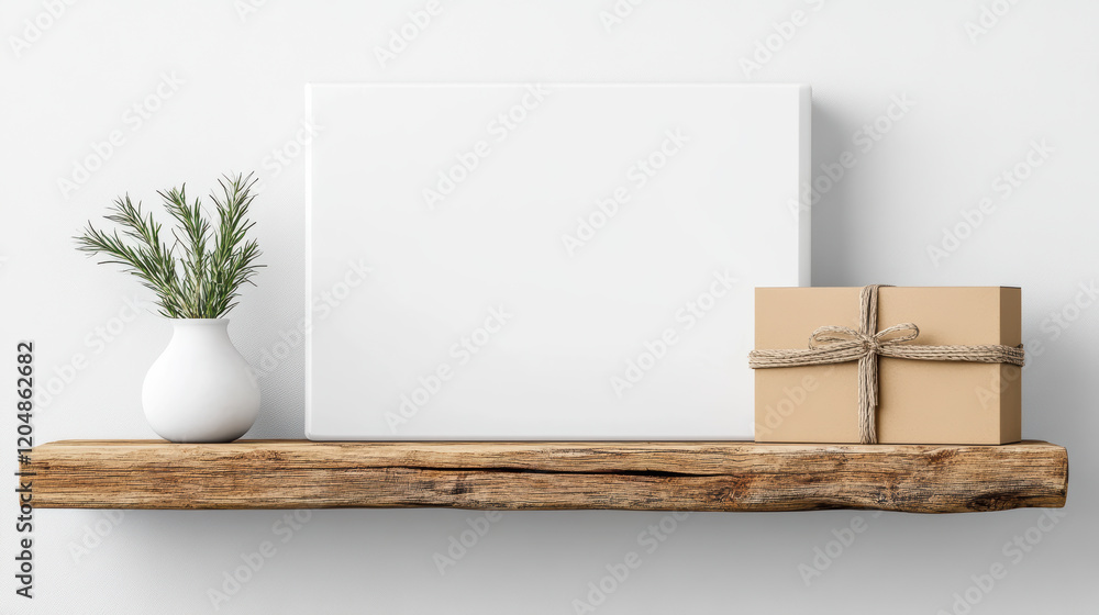 minimalist shelf featuring blank canvas, plant, and gift box minimalist shelf featuring blank canvas, plant, and gift box