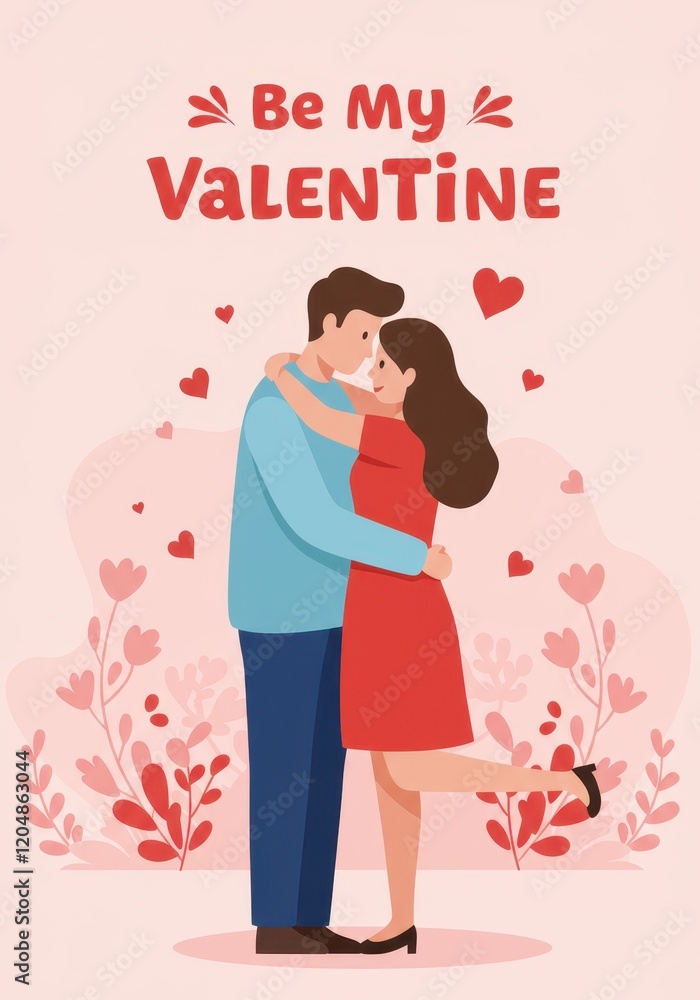 A romantic flat-style illustration of a couple embracing lovingly A romantic flat-style illustration of a couple embracing lovingly