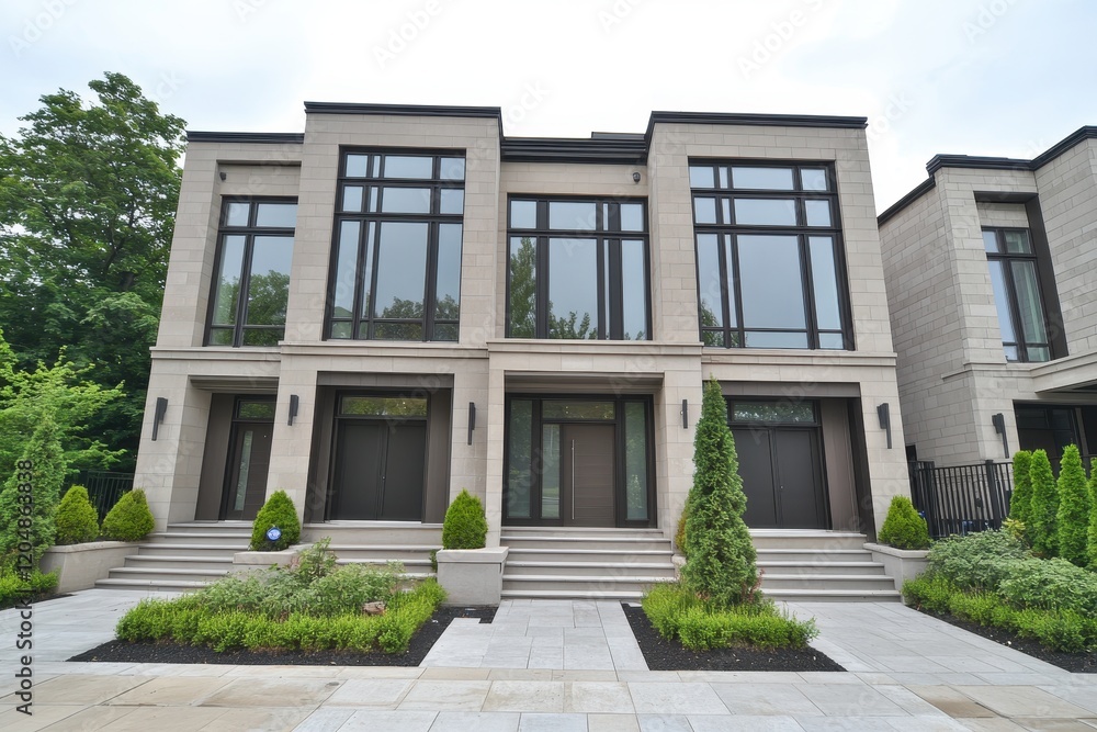 Obraz premium Modern Residential Building with Glass Facade and Lush Greenery on a Cloudy Day, Offering Ideal Background for Real Estate and Architectural Photography