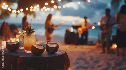 Fototapeta Naklejka Na Ścianę i Meble -  Tropical beach party at sunset.  Coconut drinks and halves sit on a rustic wood stump in the foreground, with blurred background showing live music and string lights.