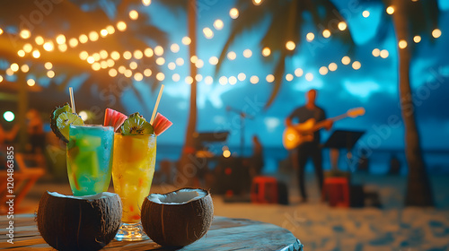 Fototapeta Naklejka Na Ścianę i Meble -  Tropical cocktails garnished with fresh fruit sit on a wooden table at a beach bar.  String lights and a blurry musician in the background create a vibrant, relaxing atmosphere.