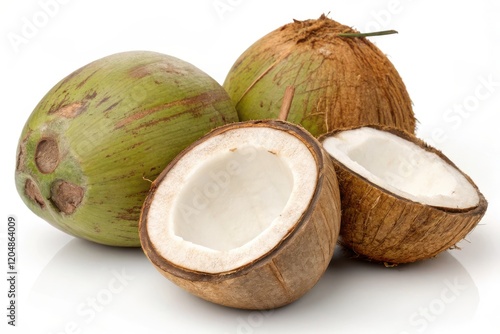 Fresh Coconuts Displayed on White Surface for Culinary Use. Isolated white photo