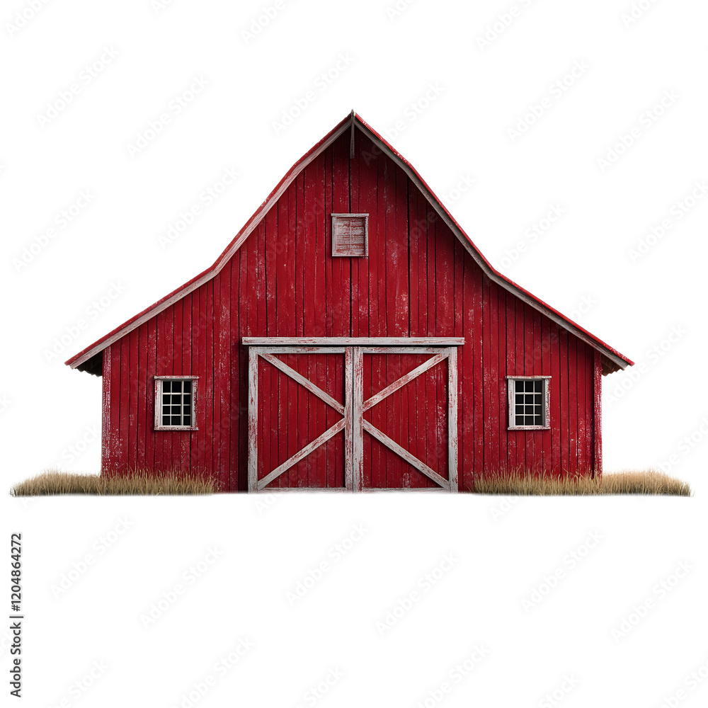 A classic red barn with a distinct gabled roof and large double doors, featuring small windows and grass at its base A classic red barn with a distinct gabled roof and large double doors, featuring small windows and grass at its base