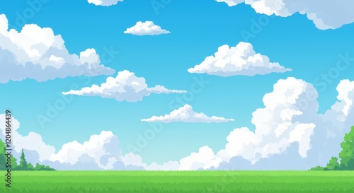 A flat illustration of a bright blue sky filled with fluffy white clouds