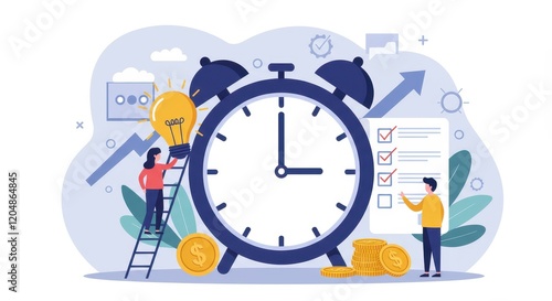 A flat illustration depicting time management with a large clock at the center surrounded by characters and elements