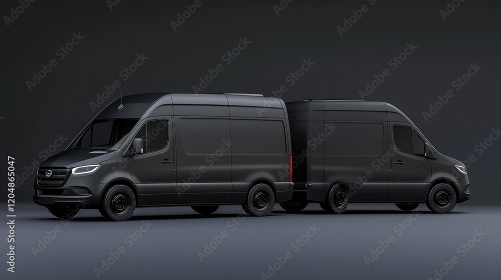 Two dark vans, studio shot, mockup, transportation Two dark vans, studio shot, mockup, transportation