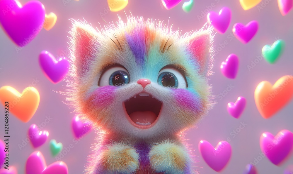 Joyful rainbow kitten surrounded by hearts. Joyful rainbow kitten surrounded by hearts.