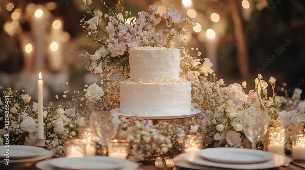 Two-tiered buttercream wedding cake adorned with delicate flowers and candles. Romantic, rustic setting with soft lighting. Elegant table setting with plates and glasses. Two-tiered buttercream wedding cake adorned with delicate flowers and candles. Romantic, rustic setting with soft lighting. Elegant table setting with plates and glasses.