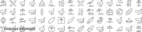 Set of Diving Mask, Surfboard, Umbrella, Beach Related Line Icons. Outline Signs for Graphic and Web Design, Apps, Adverts, Various Cards