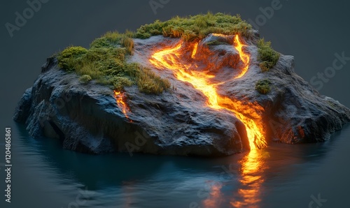 Volcanic rock island with lava flow, lush vegetation, and water reflection. photo